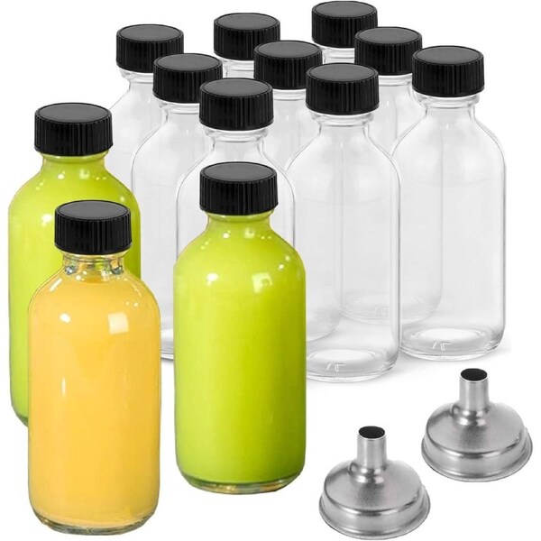 12 Pack Glass Bottles with Lids & 2 Funnels, 2 oz Glass Shot Jar, Small Glass Containers with Lids, Spice Jars, Juice Bottles, Mini Travel Bottles, 60ml Sample Bottles for Potion, Ginger Shots, Oils