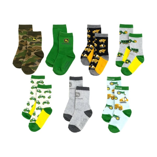 John Deere 7pc 2-4Y Truck Non-Slip Grip Cotton Blend Kids Crew Socks Set