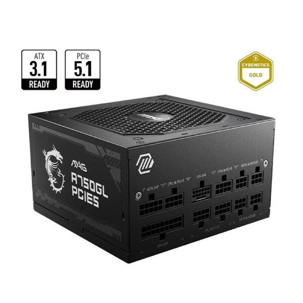MSI MAG A750GL PCIE5 II Bulk – 750W ATX 3.1, 80+ Gold, full modular, PCIe 5.0 16-pin, 3x PCIe 6+2, 8x SATA, FDB fan, OCP/OVP/OPP/OTP/SCP/UVP, 120mm