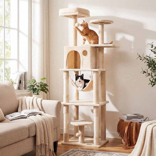 Costway 168cm Cat Tree Tower 2 Perch Hammock Condo Natural Sisal-coated Scratching Posts 2 Dangling Pompoms