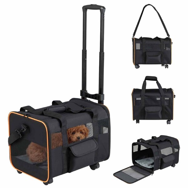 Costway Rolling Pet Carrier Bag w/Wheels Foldable Dog Travel Crate Telescopic Handle Shoulder Strap Pad Leash Cat