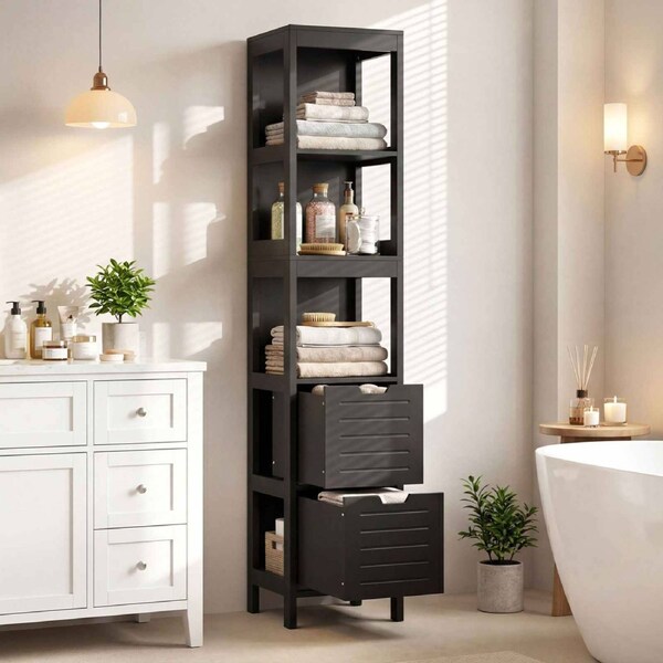 Costway 145cm Bathroom Cabinet 5-tier Wood Storage Organiser w/2 Drawer & Open Shelf Black