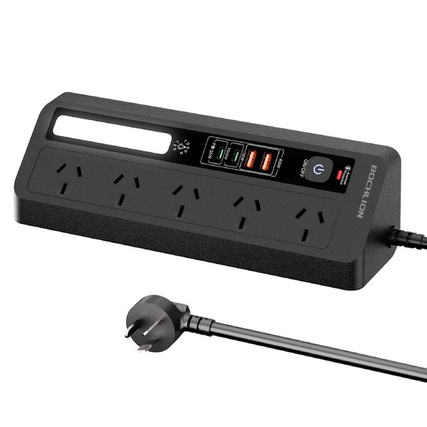 5 Way Power Board with 2 USB-C & 2 USB-A, Surge Protected Extension Lead 1.8M, Desktop Power Strip with Night Light, AU Plug for Home Office (Black))