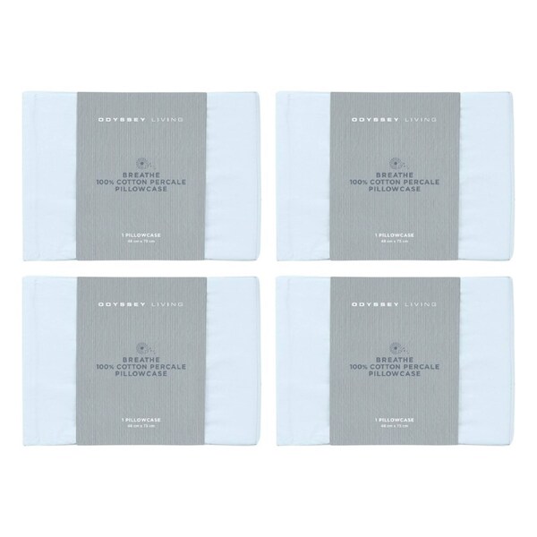 4x Odyssey Living Breathe Cotton Standard Pillowcase 48cm x 73cm Sky Blue