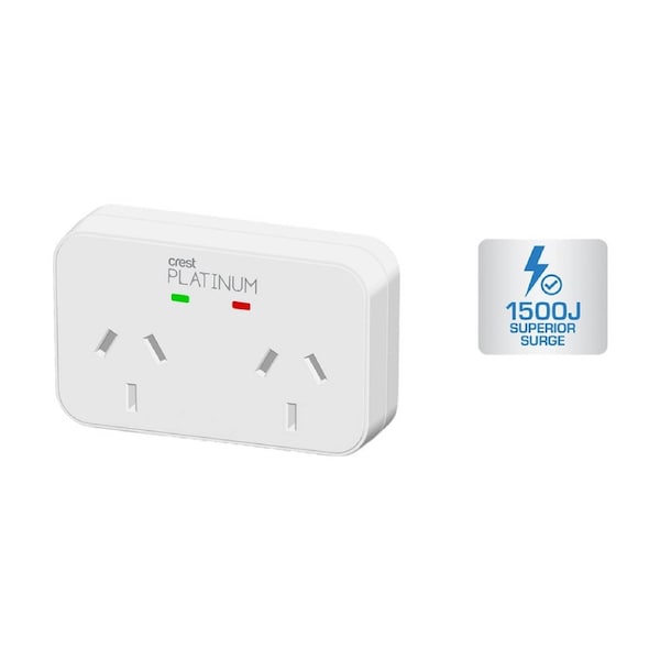 Crest Platinum 2 Socket Surge Protector AU/NZ Plug W/ Child Protection White
