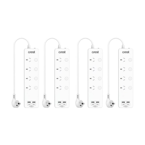 4PK Crest 4-Socket Switch Surge Protector AU/NZ Plug Power Board USB Ports Wh 1m