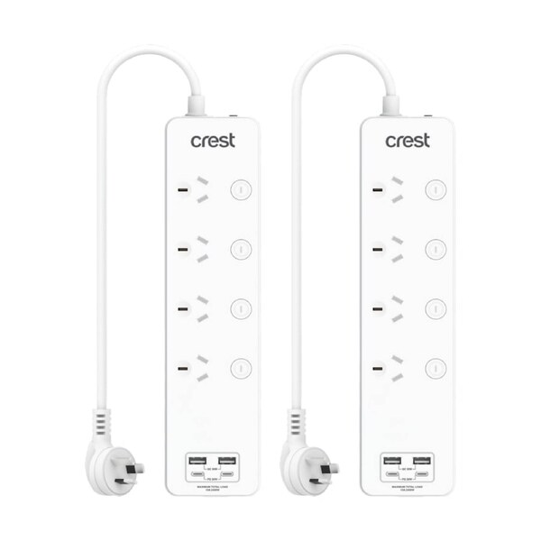 2PK Crest 4-Socket Switch Surge Protector AU/NZ Plug Power Board USB Ports Wh 1m