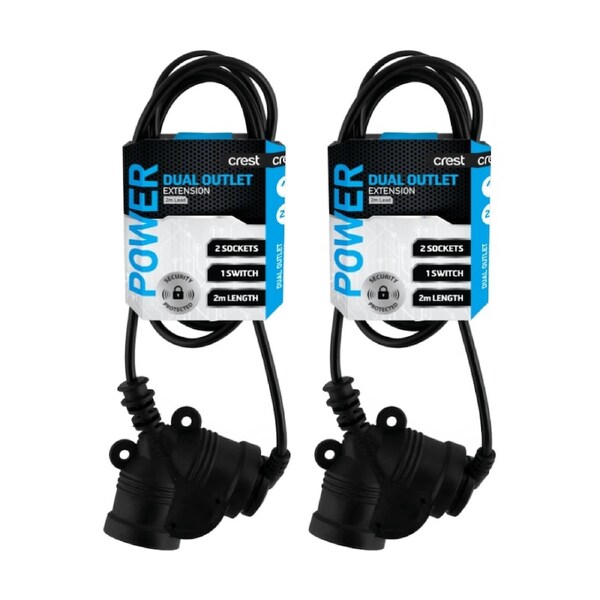 2PK Crest 2 Socket Master Control Switch Dual Outlet AU/NZ Plug Black 2m