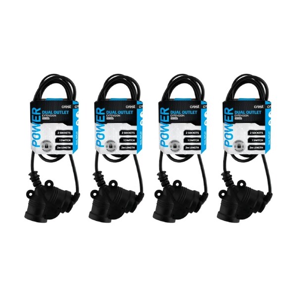 4PK Crest 2 Socket Master Control Switch Dual Outlet AU/NZ Plug Black 2m