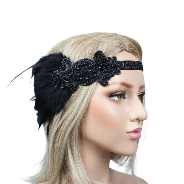 Adult 1920s Flapper Headband - Black Beaded Feather Gatsby Accessory