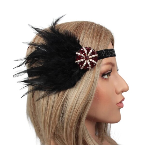 Adult 1920s Flapper Headband - Black Feather Gatsby Accessory
