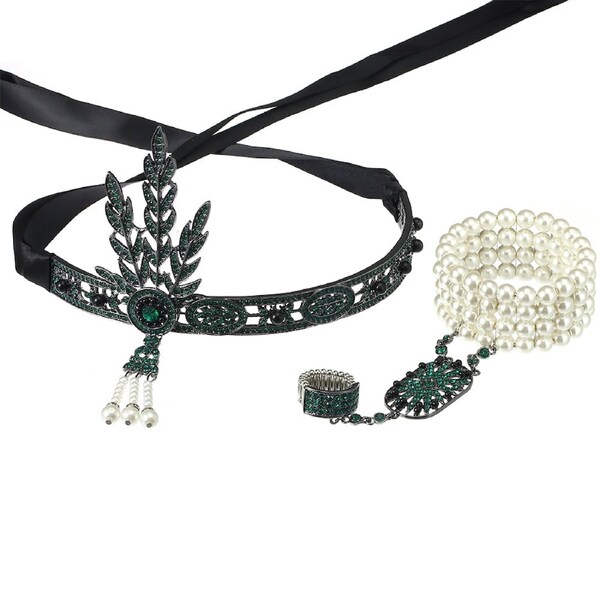 Adult 1920s Flapper Jewelry Set - Green Gatsby Headpiece Bracelet Ring