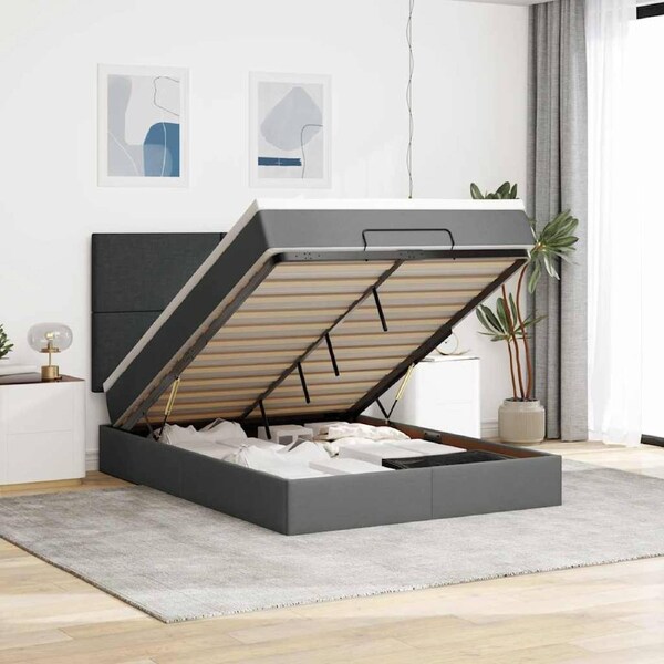 Ottoman Bed with Mattress Dark Grey Queen Fabric vidaXL