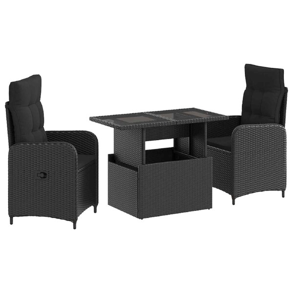 Outdoor Dining Set with Cushion 3 pcs Black Poly Rattan vidaXL