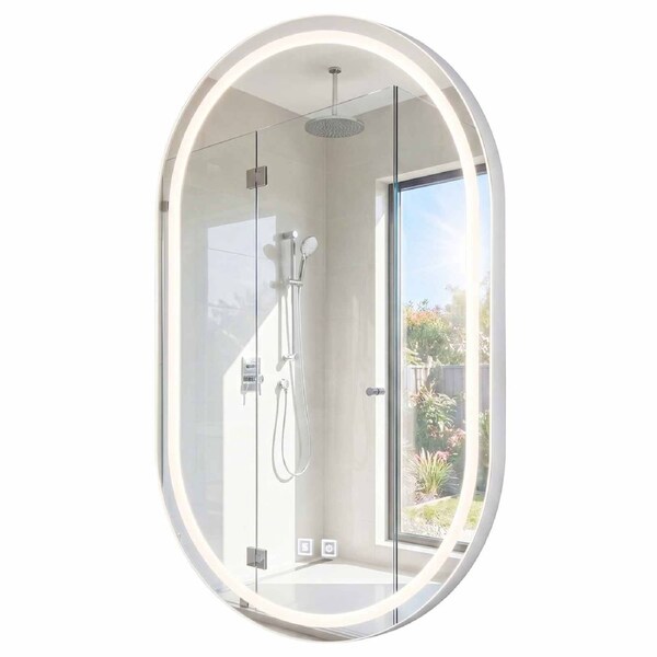Costway 80x50cm Oval LED Bathroom Mirror Wall Mount Backlit Vanity Mirror 3 Light Color Anti-Fog Modern Makeup Salon