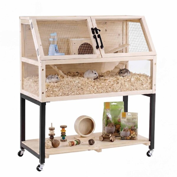 Costway Wood Mobile Hamster Cage 2Tier Small Animal Habitat Shelf Ramp Seesaw Hut Syrian Dwarf Hamster Gerbil Chinchilla