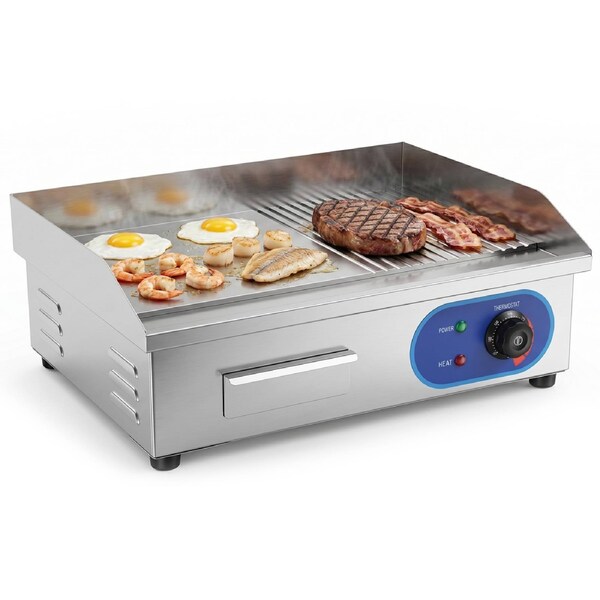 Advwin Electric Grill, 3000W BBQ Grill, Electric Griddle Commercial Use, Flat & Ribbed Grill Hot Cooking Plate, 15A Plug