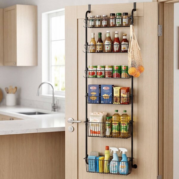 Toque Over the Door Pantry Organiser 6 Tiers Metal Hanging Storage Rack Black