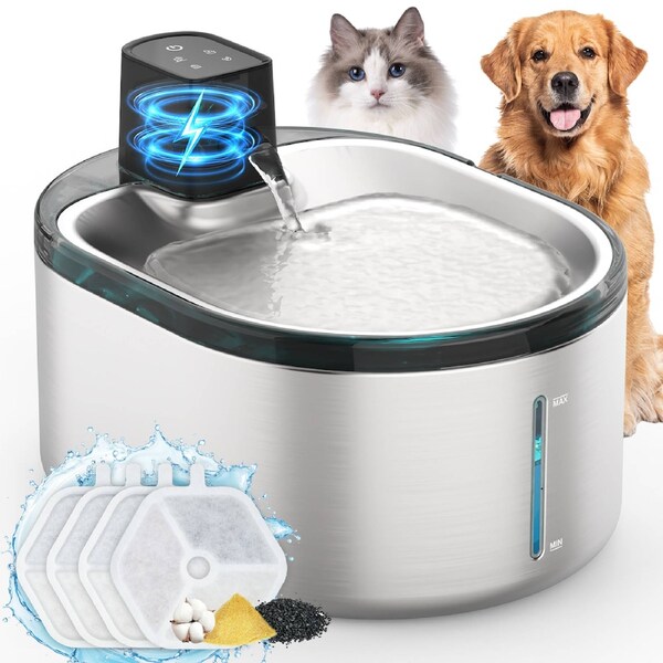 Advwin 4L Pet Water Fountain Stainless Steel+ 4 Set Replacement Pet Water Fountain Filters