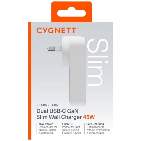 Cygnett ChargePlus 45W GaN Slim Wall Charger (White)