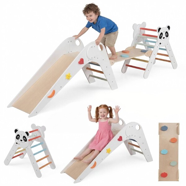 Costway Climb Playset Wood Panda Triangle Play Set Foldable Climbing Frame Slide Ramp Ladder Montessori Toys Multi
