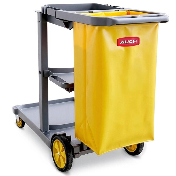 Auch Janitor Cleaning Trolley Housekeeping Cart, 3 Shelves, Tool Storage Clamp, Wet Sign Hook, Quiet Wheels, Grey
