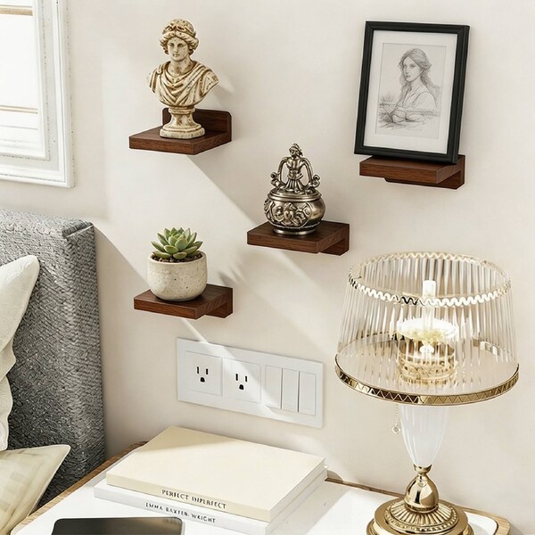 DelSol Small Shelf for Wall, 5X5 Inches Floating Shelves Set of 4, Rustic Wood Small Wall Mounted Shelves for Bedroom, Living Room, Kitchen, Bathroom Decor-White