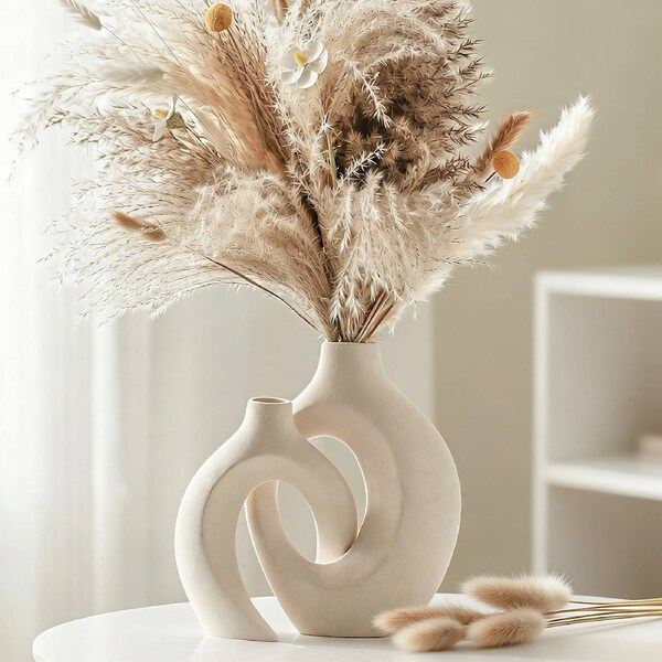 Snuggle Hollow Ceramic Vase Set of 2 Nordic Modern Boho ins Style Decorative Ceramic Aesthetic Flower Vase for Home Decor Milky White