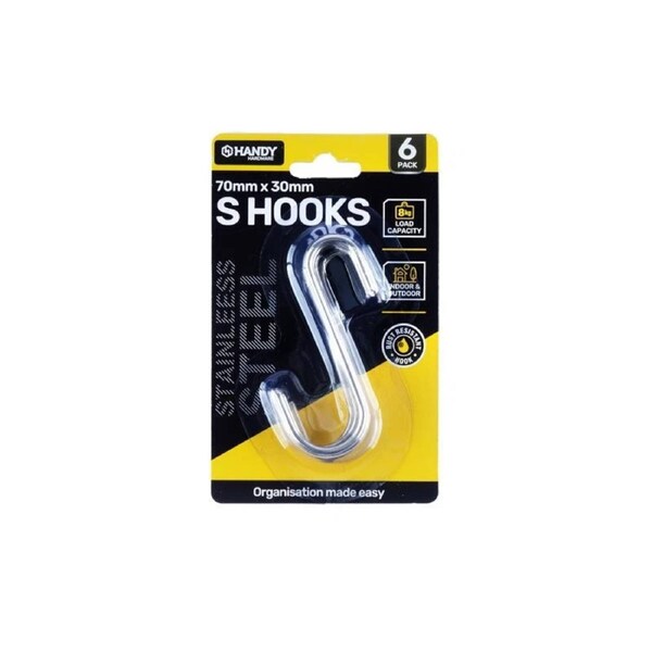 OzOffer S Hook Stainless Steel 70mm x 30mm x 3mm (XS) 6pk
