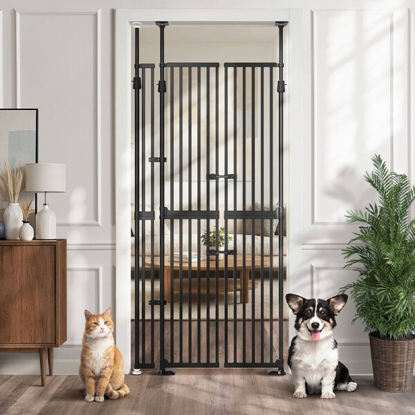 Alopet 190cm-264cm Retractable Safety Gate Pet Dog Cat Extra Tall Fence Black