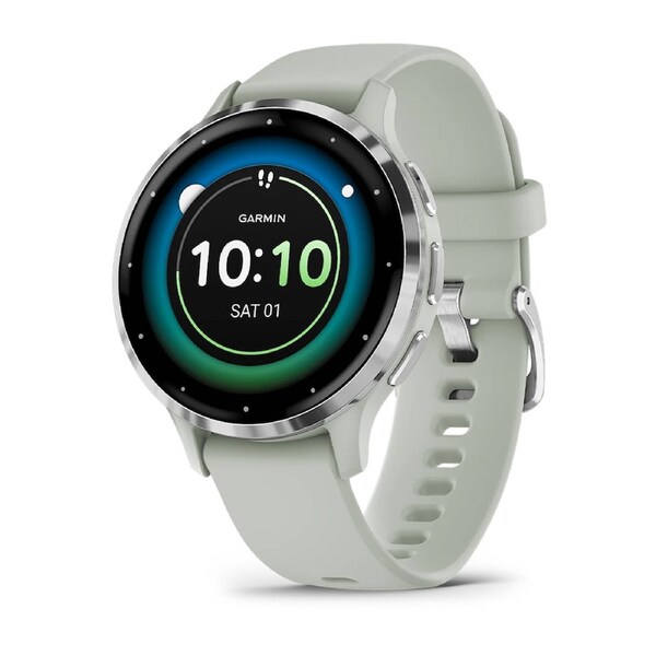 Garmin Venu 3S - Silver Stainless Steel Bezel with Sage Grey Case and Silicone Band