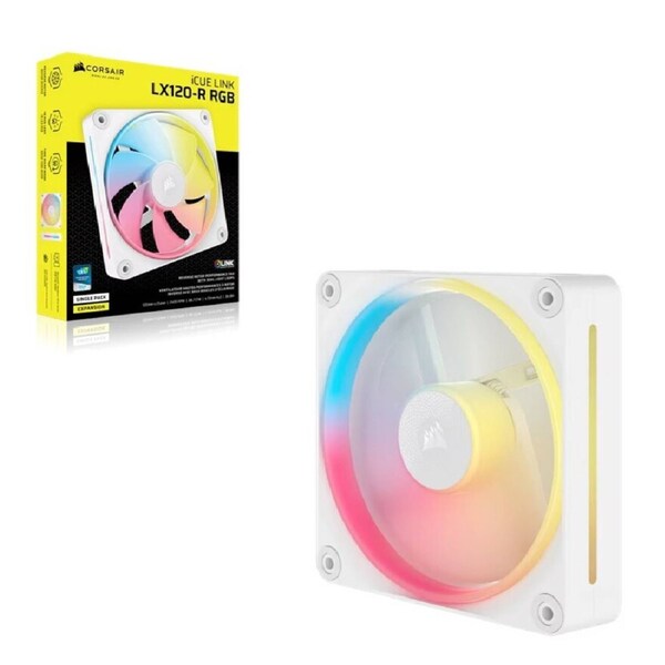 Corsair iCUE LINK LX120-R RGB 120 mm PWM Reverse Fan Expansion Single Pack – White: 66.7 CFM, 2400 RPM, 37.7 dBA, 0.4 A,Static Pressure, Magnetic Dome