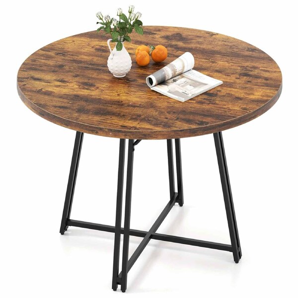 Costway 118cm Dining Table for 4-6 Round Kitchen Diner Table 8 Metal Leg Cross Base Large Mid Century Modern Brown