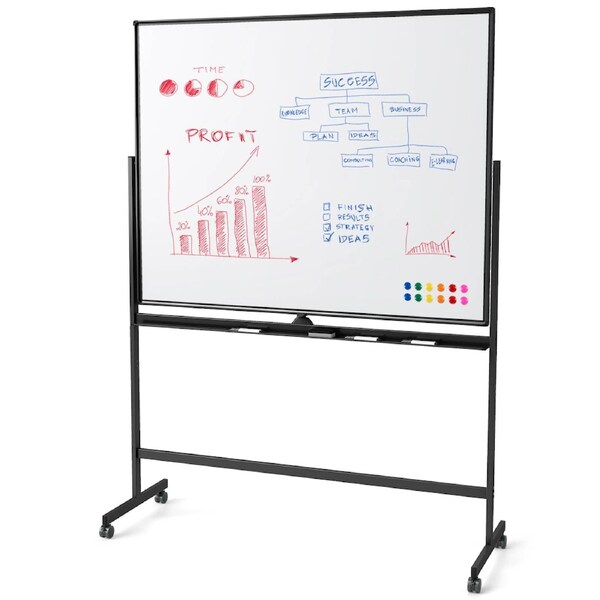 Giantex 150x120cm Double-Sided Whiteboard 360° Mobile Dry Erase Board w/Stand Markers Aluminum Frame Black