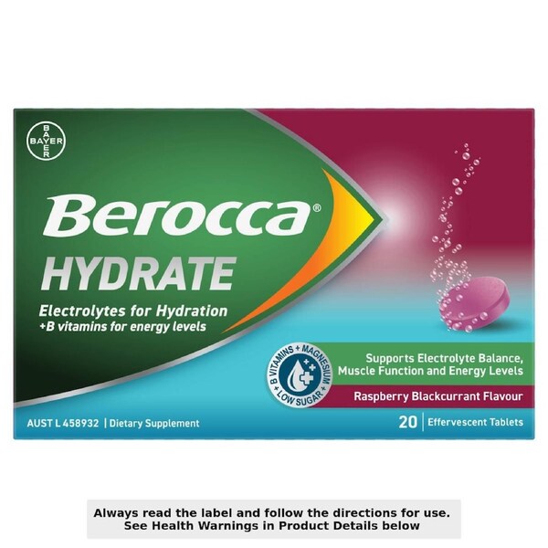 Berocca Hydrate Electrolyte Effervescent Tablets Raspberry Blackcurrant 20 Pack