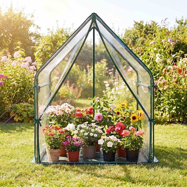 Costway Mini Green House Waterproof Bottom Mat Portable Greenhouse Clear Tent Metal Frame In/Outdoor Plant 91x91x110CM