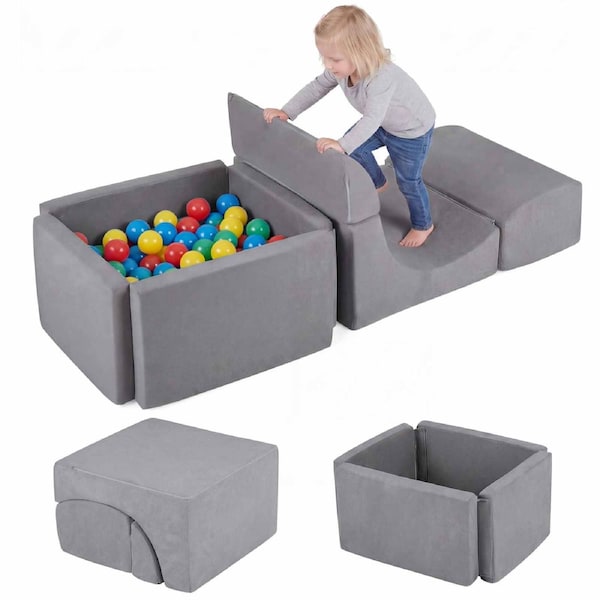 Costway Crawl & Climb Foam Play Set Climbing Blocks Playset Soft Toy w/Ball Pit Suede Cover Indoor Gift Grey