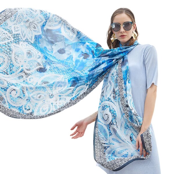 Anyyou 100% Mulberry Silk Sky Blue Long Scarf Luxury Brand Women Beach Shawl Wear Swimwear Pashimina Face Shield Foulard