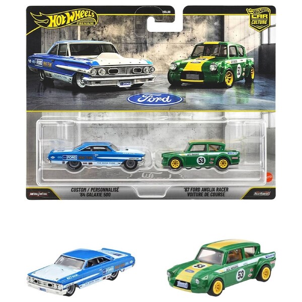 Hot Wheels Premium Car Culture Custom 1964 Galaxie 500 and 1967 Ford Anglia Racer Diecast Vehicle 2 Pack