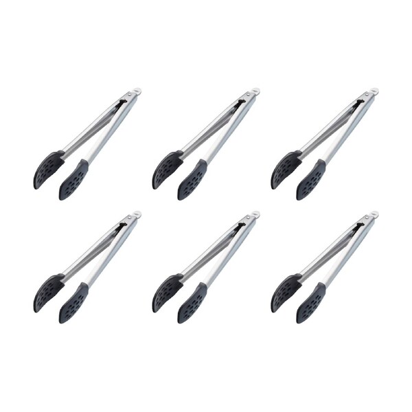 6PK MasterClass Food Tongs Nylon Heads Non-Stick Safe Kitchen Tool Silver 28cm
