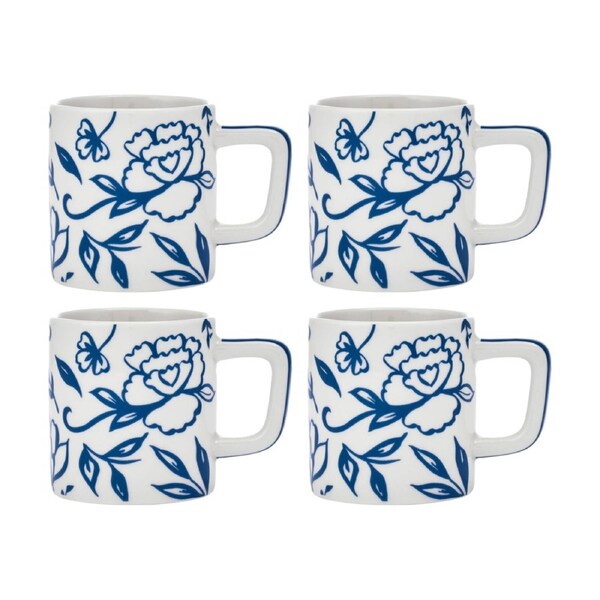 4PK La Cafetiere Blu Fiorato Floral Pattern Ceramic Espresso Cup Mug White 120ml