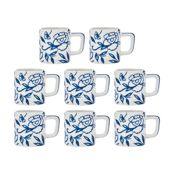 8PK La Cafetiere Blu Fiorato Floral Pattern Ceramic Espresso Cup Mug White 120ml