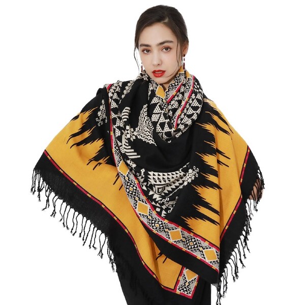 Anyyou 100% Merino Wool Yellow Buildings Silk Satin Large Winter Scarf Pashmina Shawl Bandana Perfect For Women Ladies Fashion Style