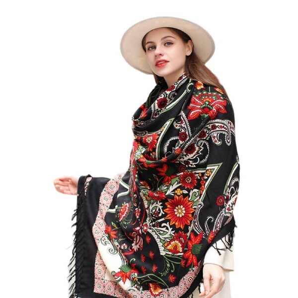 Anyyou 100% Merino Wool Black Silk Satin Floral Silk Satin Large Winter Scarf Pashmina Shawl Bandana Perfect For Women Ladies Fashion Style