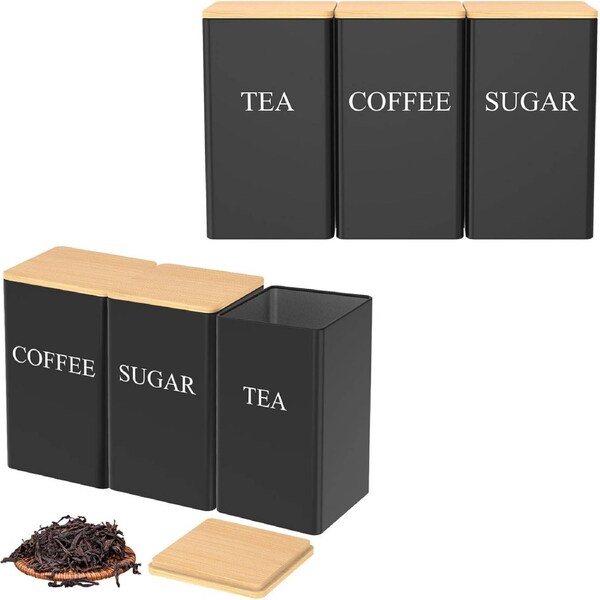 Velocity 6PCS Metal Square Kitchen Canister, with Bamboo Lid and Marker, Food Storage Jars, For Coffee, Sugar, Tea, Flour