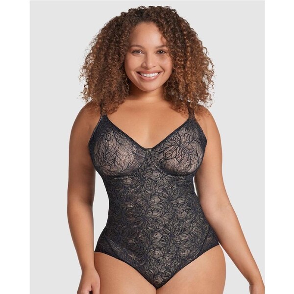 Leonisa Medium Control Underwired Lace Shapewear Bodysuit Black / M