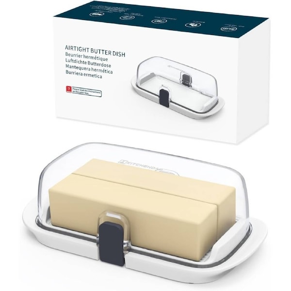 KITCHENDAO Large One-Handed Butter Dish with Lid for Countertop, Airtight Butter Holder with One Press to Open/Close Secure Latching Buckle for East Coast/West Coast/European/Kerrygold Butter