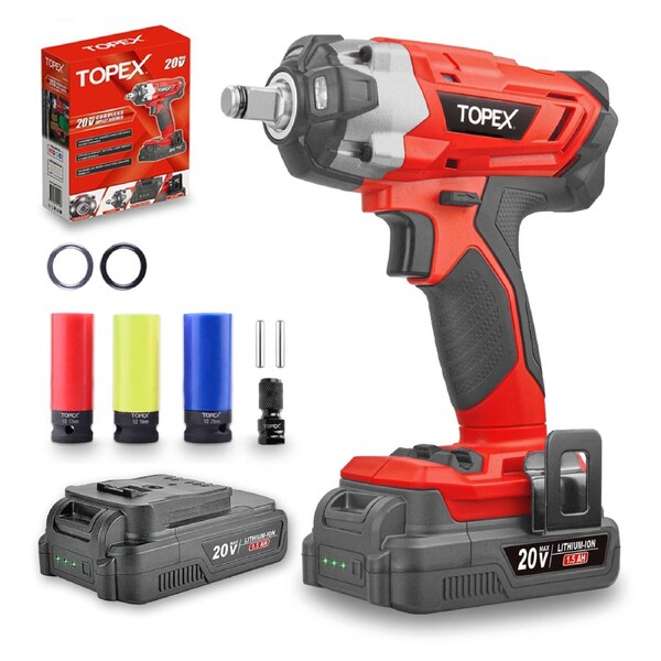 TOPEX 2 in 1 20V Cordless Impact Wrench Driver 1/2" w/ Sockets Battery & Charger(Two Batteries)