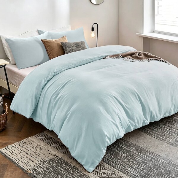 LINENOVA 100% Cotton Quilt Cover Set Single/Double/Queen/King/Super King Size Double / Light Blue