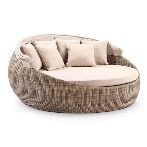 Large Newport Outdoor Wicker Round Daybed with Canopy - Outdoor Daybeds Brushed Wheat / Sand